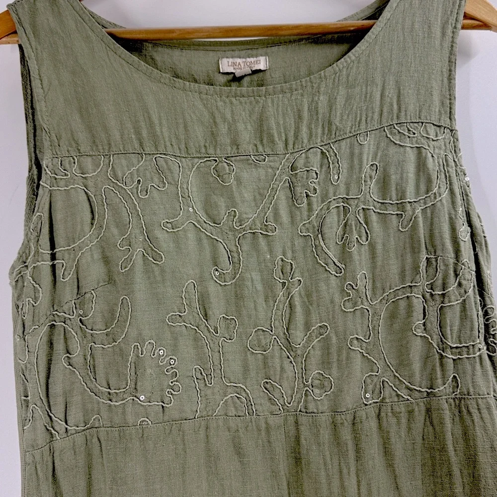 Lana Tomei Linen dress made in Italy sleeveless embroidered sage green classic